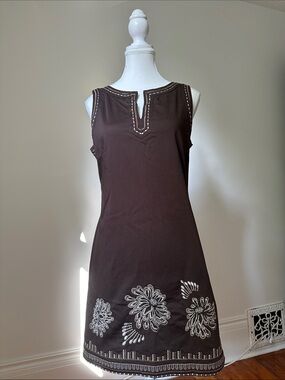 LE CHATEAU‎ Brown Y2K Floral Embroider Beach Tropical Preppy Summer Dress Medium